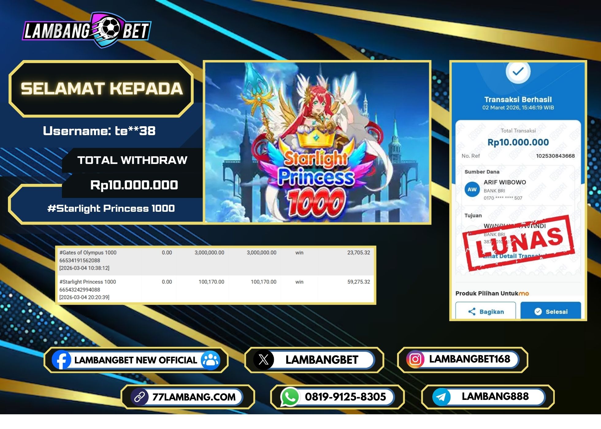 LAMBANGBET [2 MARET 2026] JACKPOT SLOT Starlight Princess 1000 "Rp10.000.000" LUNAS